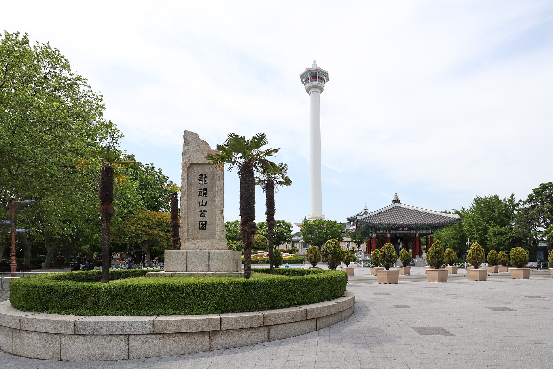 Yongdusan Park and Busan Tower above the old downtown and harbour of Busan