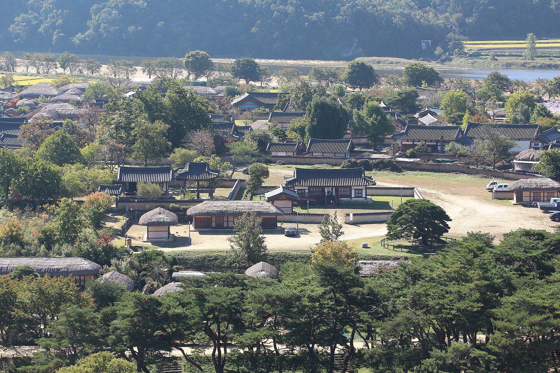 Traditional houses of Hahoe Folk Village beside the river, a UNESCO site